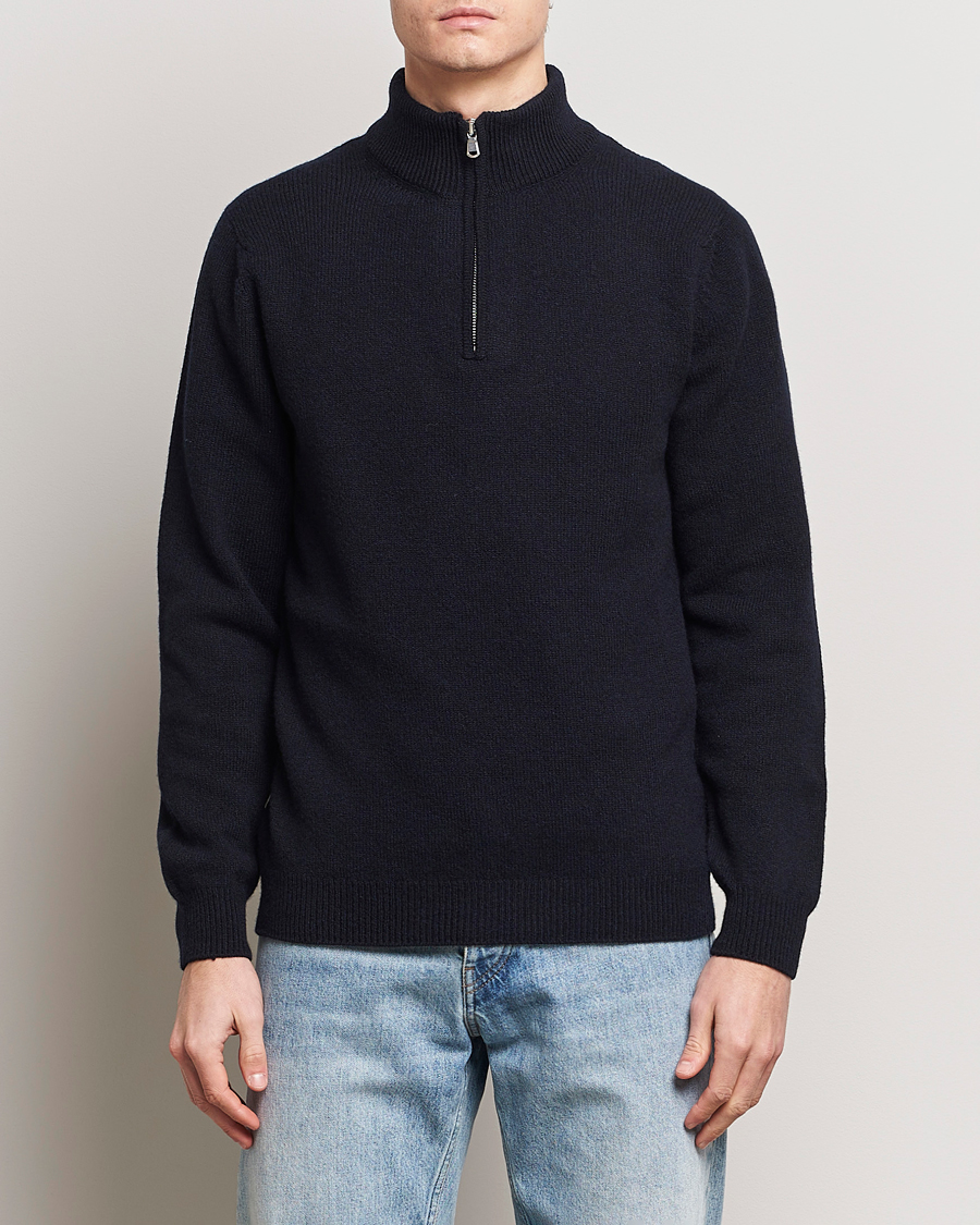 Heren |  | Sunspel | Lambswool Half-Zip Dark Navy Mouline