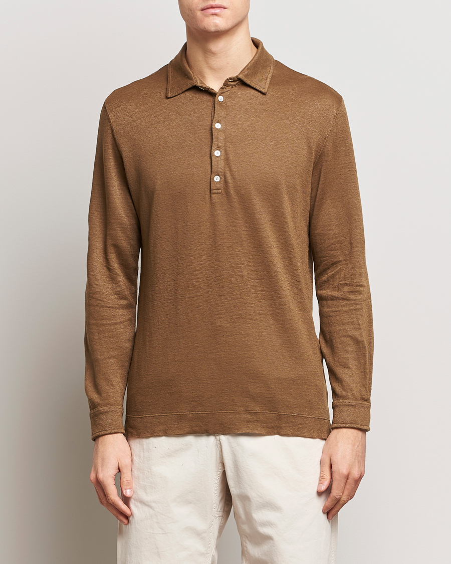 Heren | Polo's | Massimo Alba | Raya Long Sleeve Linen Polo Brown