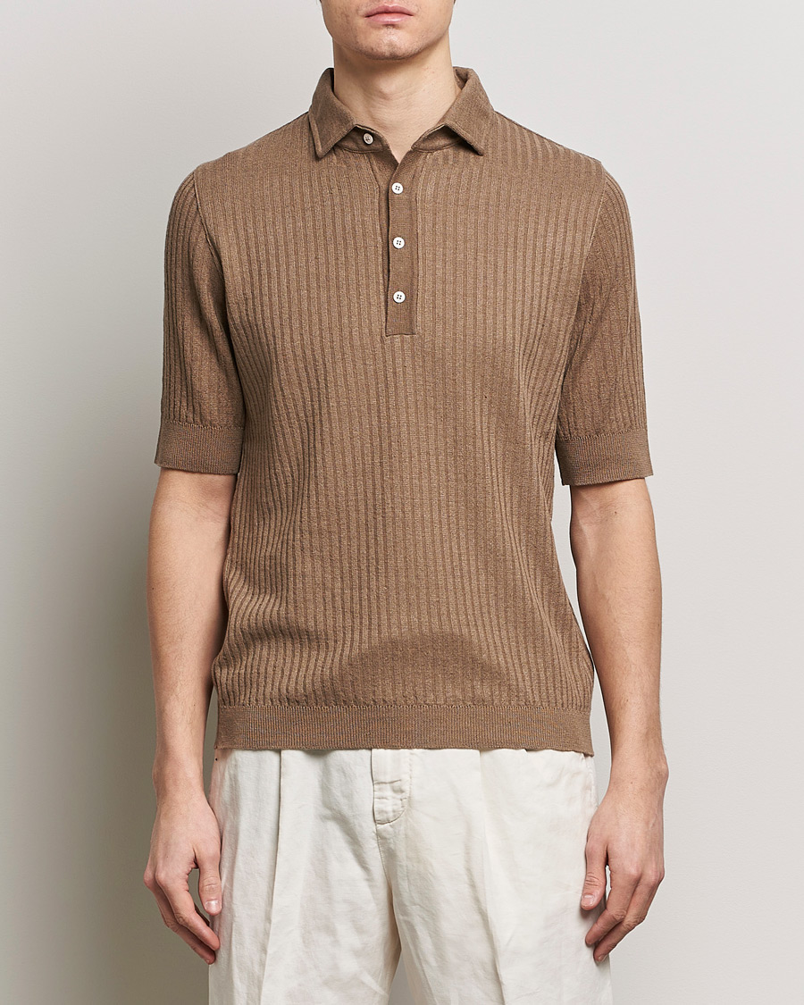 Heren |  | Lardini | Structured Linen/Cotton Polo Brown
