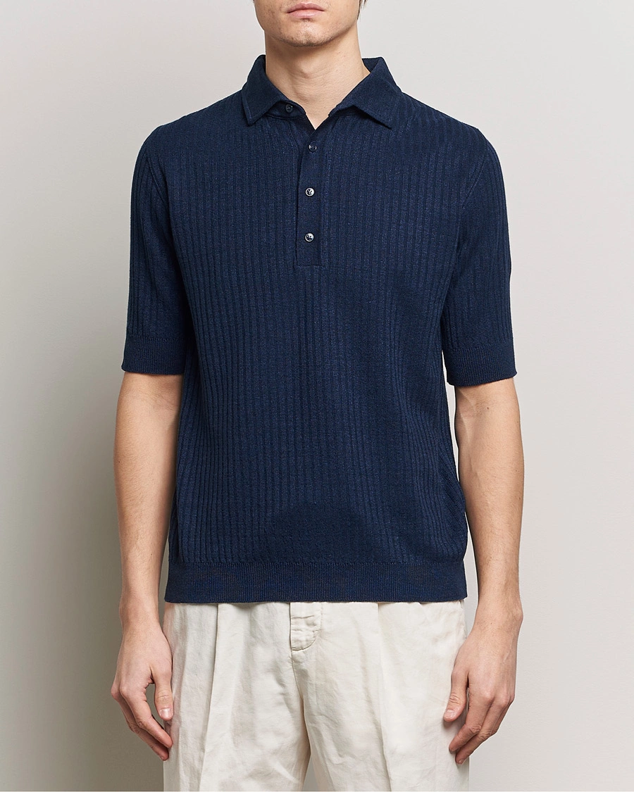 Heren |  | Lardini | Structured Linen/Cotton Polo Navy