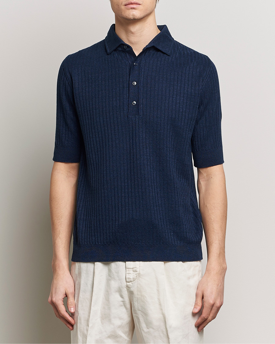 Men |  | Lardini | Structured Linen/Cotton Polo Navy