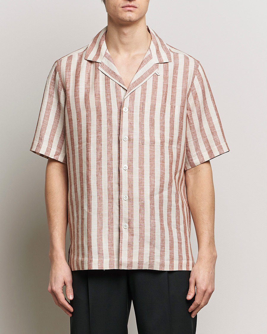 Heren |  | Lardini | Striped Short Sleeve Linen Shirt Beige/Red