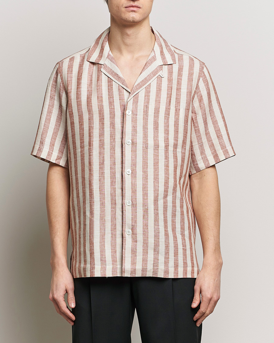 Men |  | Lardini | Striped Short Sleeve Linen Shirt Beige/Red