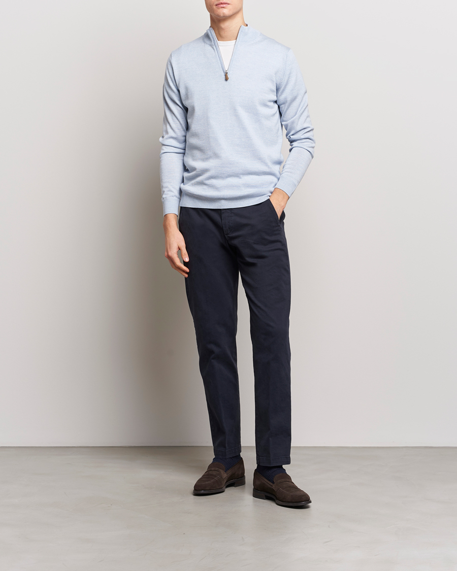 Heren | Truien | Stenströms | Merino Half Zip Light Blue