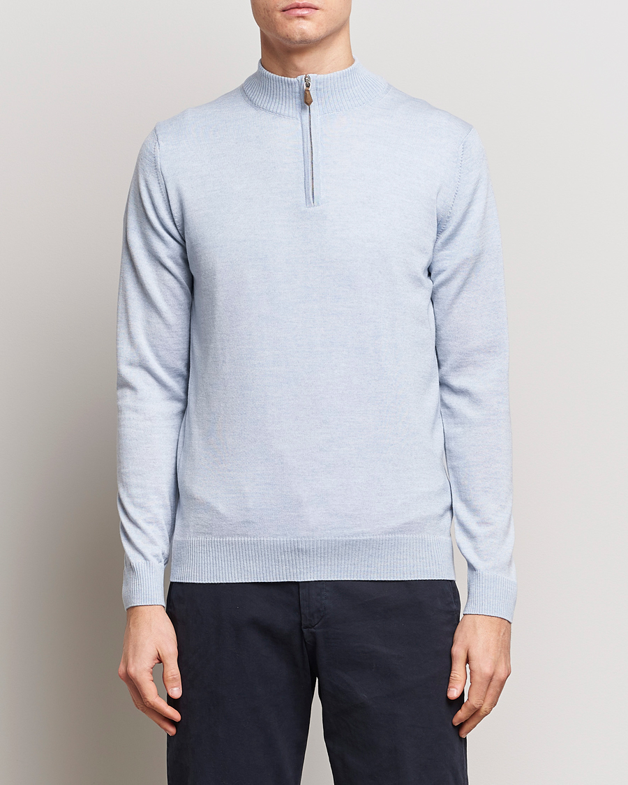 Heren | Truien | Stenströms | Merino Half Zip Light Blue