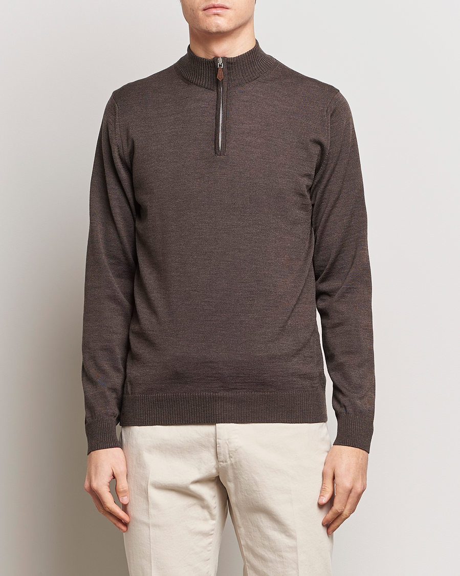 Heren | Truien | Stenströms | Merino Half Zip Dark Brown