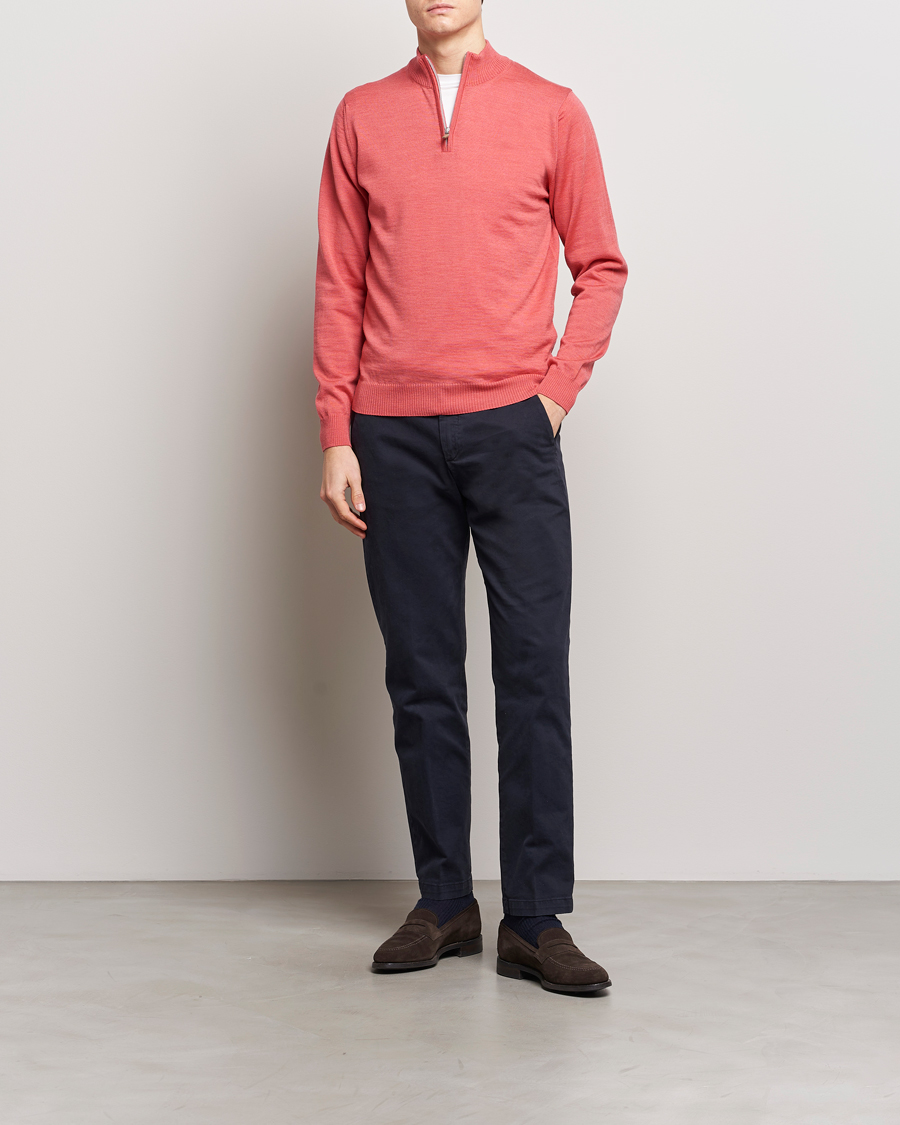 Heren | Truien | Stenströms | Merino Wool Half Zip Coral Red