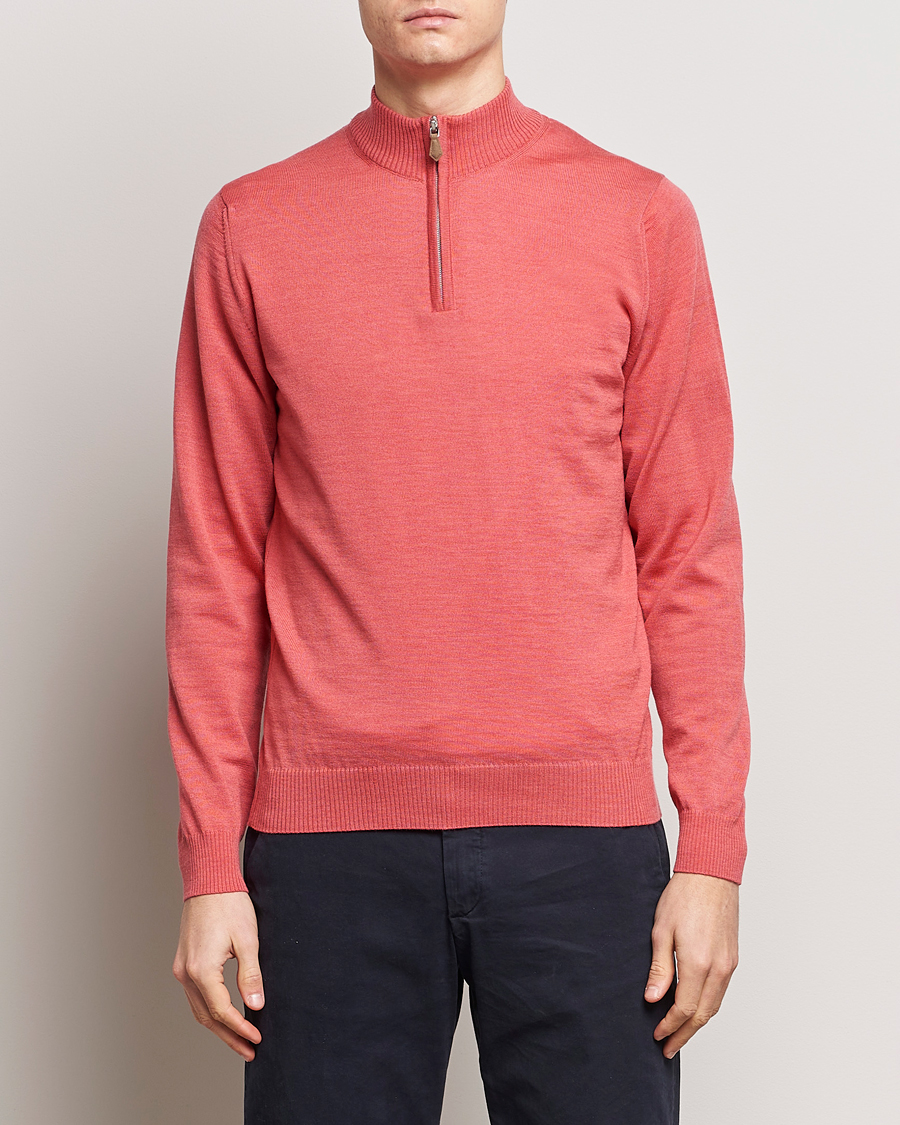 Heren | Sale | Stenströms | Merino Wool Half Zip Coral Red