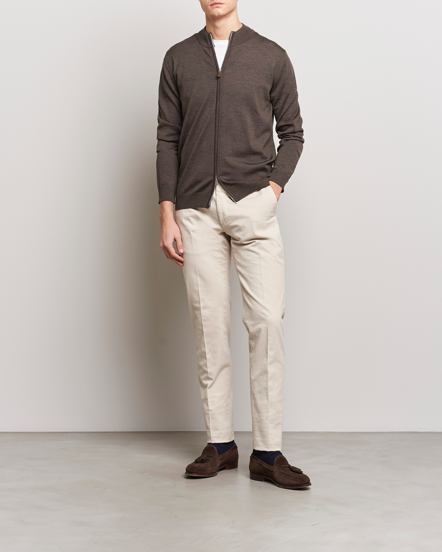 Heren | Truien | Stenströms | Merino Wool Full Zip Brown