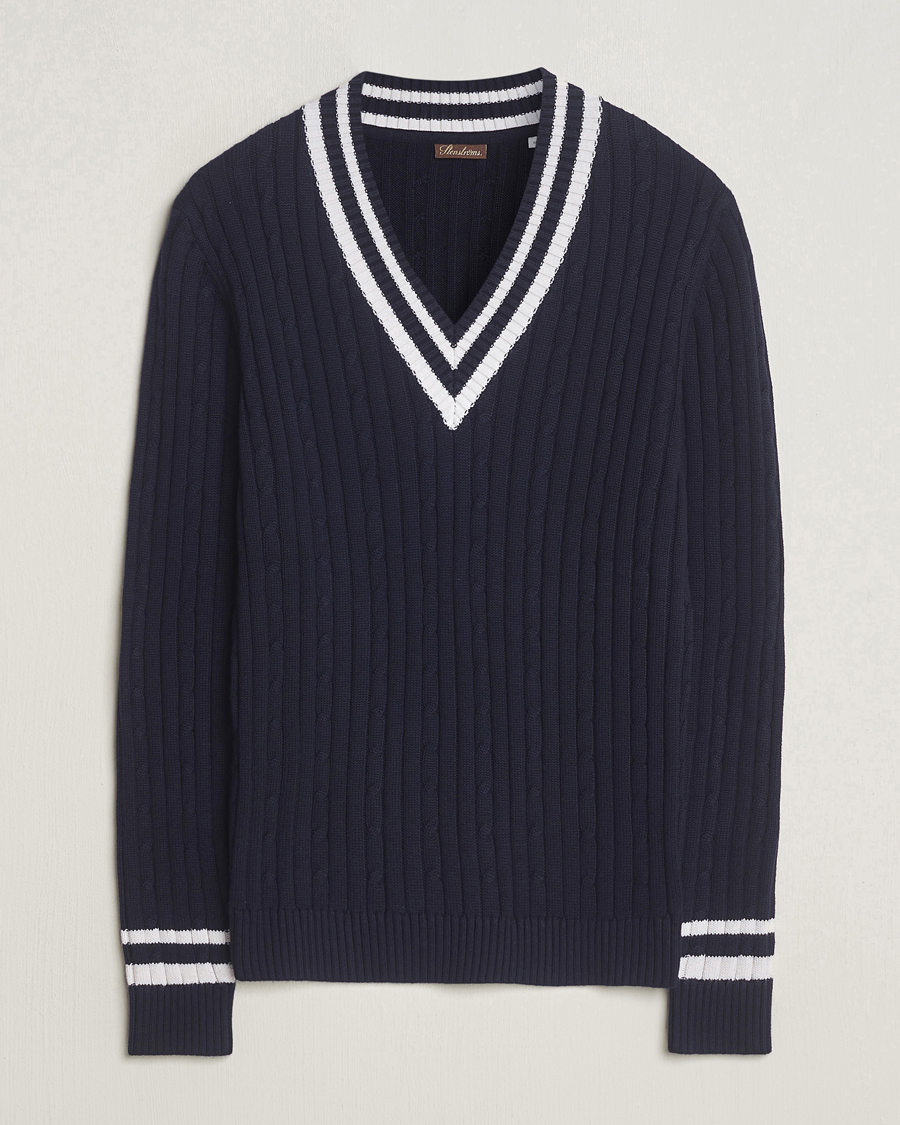 Heren | Truien | Stenströms | Cotton/Cashmere Cable V-Neck Navy