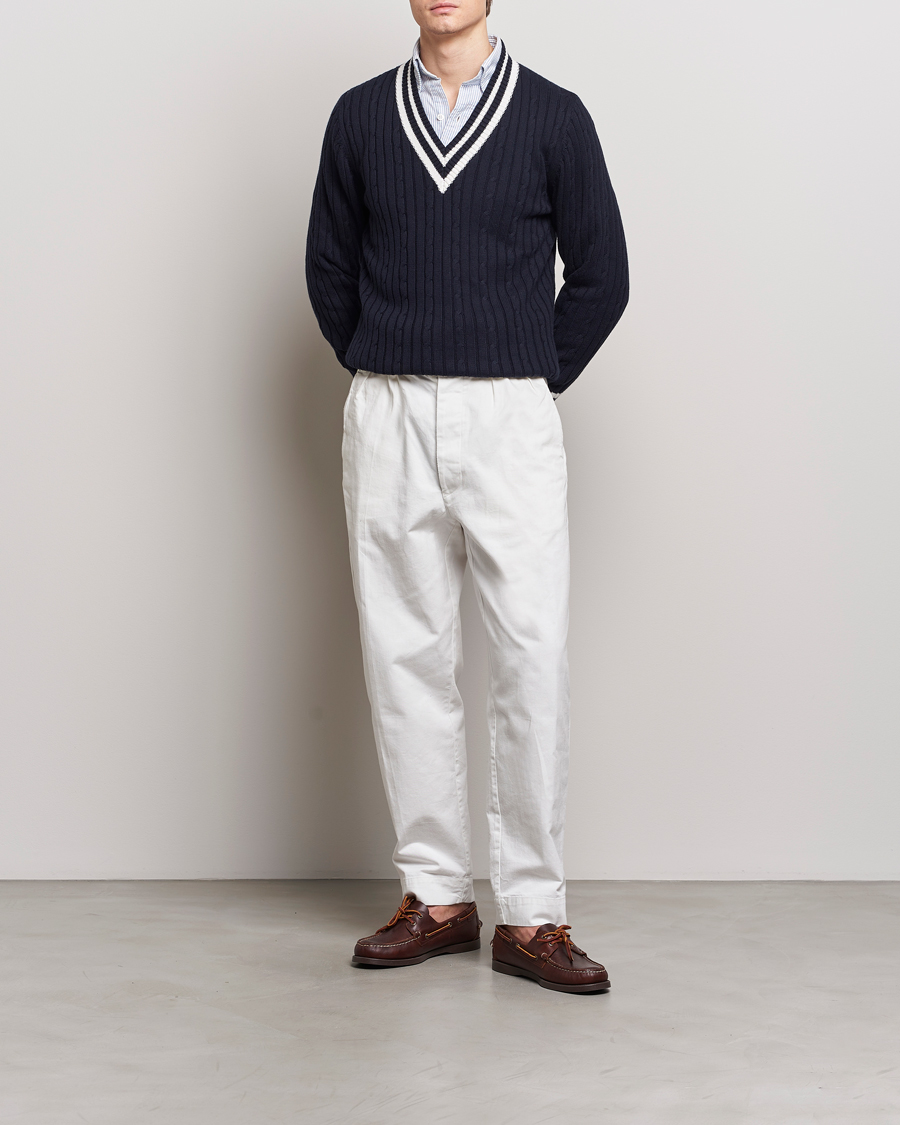 Heren | Truien | Stenströms | Cotton/Cashmere Cable V-Neck Navy