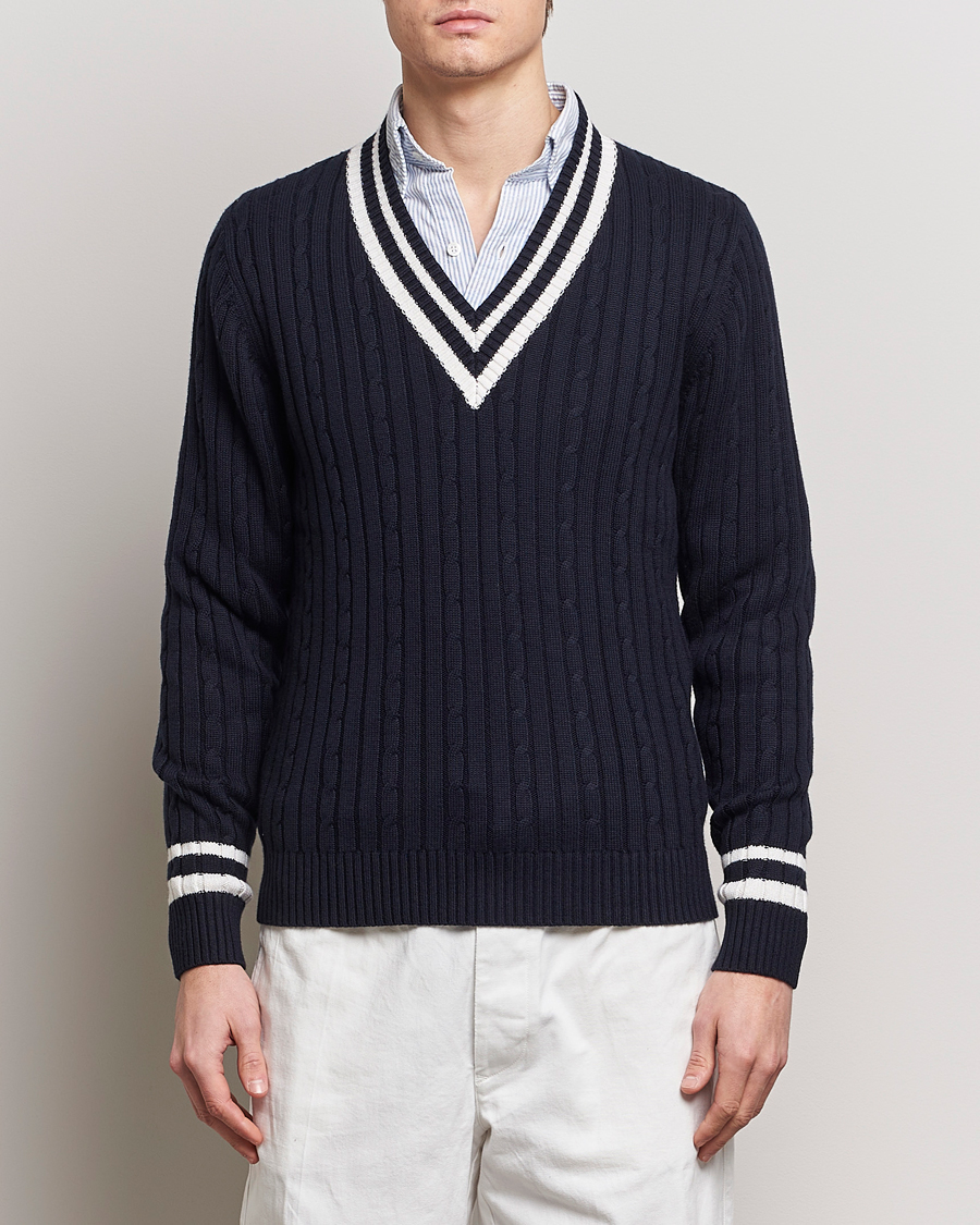 Heren | Business & Beyond | Stenströms | Cotton/Cashmere Cable V-Neck Navy