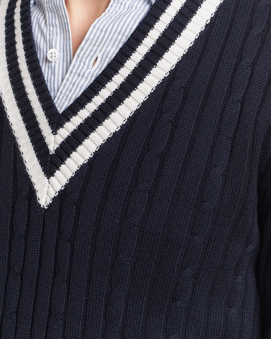 Heren | Truien | Stenströms | Cotton/Cashmere Cable V-Neck Navy