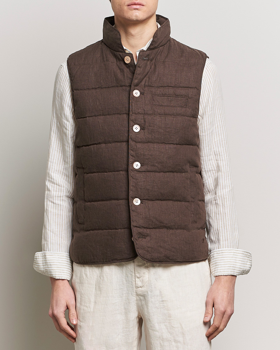 Heren | Herfstjassen | Stenströms | Linen Down Padded Button Vest Brown