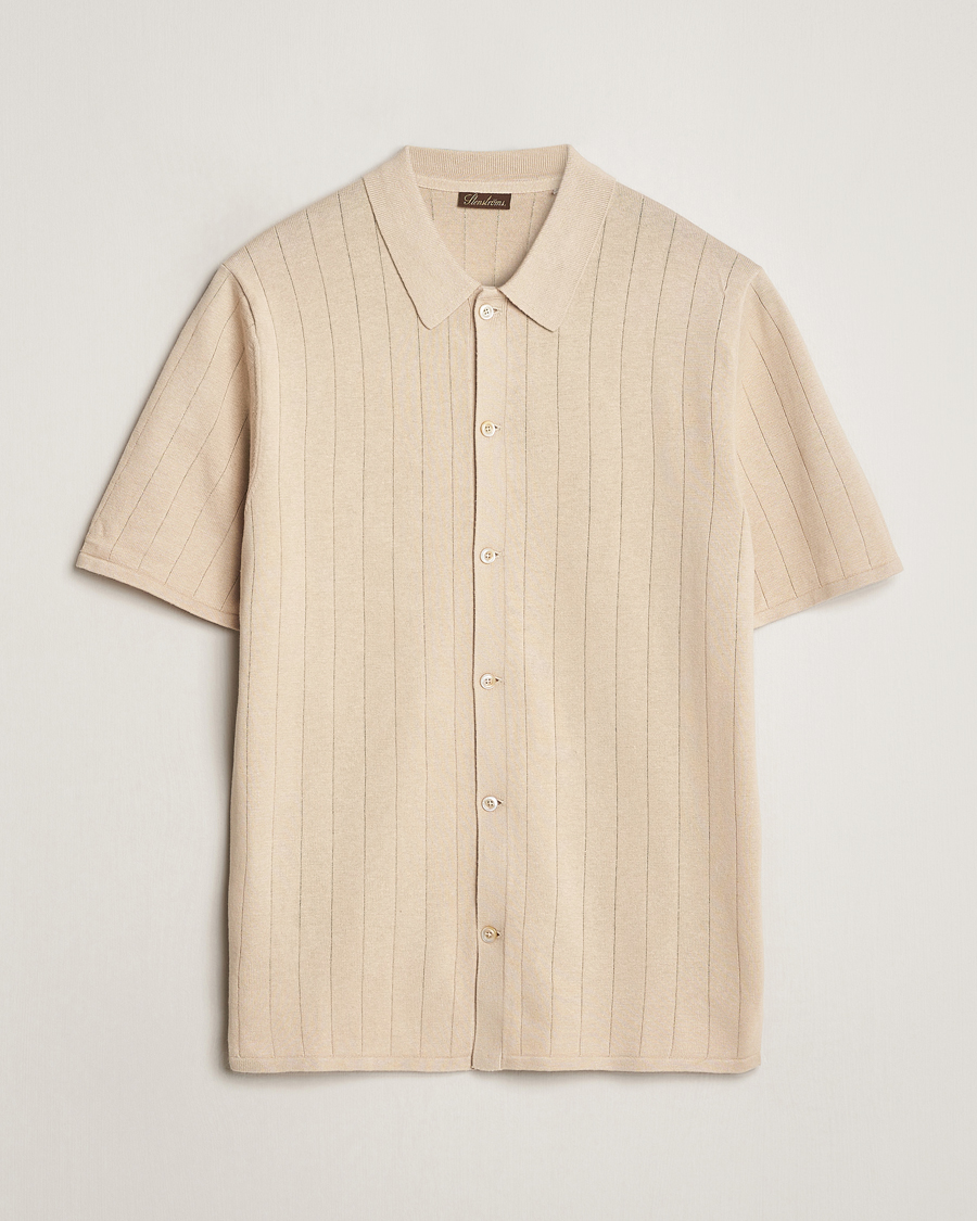 Heren | Polo's | Stenströms | Linen/Cotton Rib Knitted Buttonthru Shirt Beige