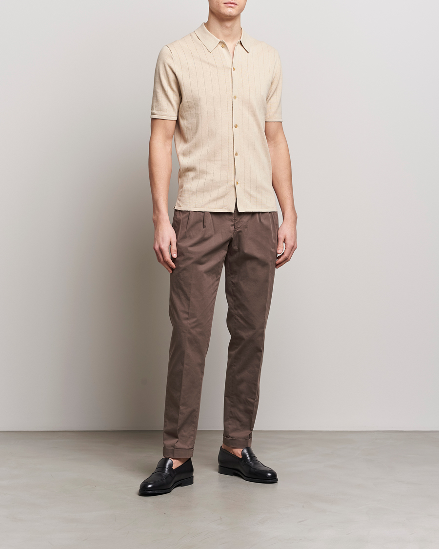 Heren | Polo's | Stenströms | Linen/Cotton Rib Knitted Buttonthru Shirt Beige