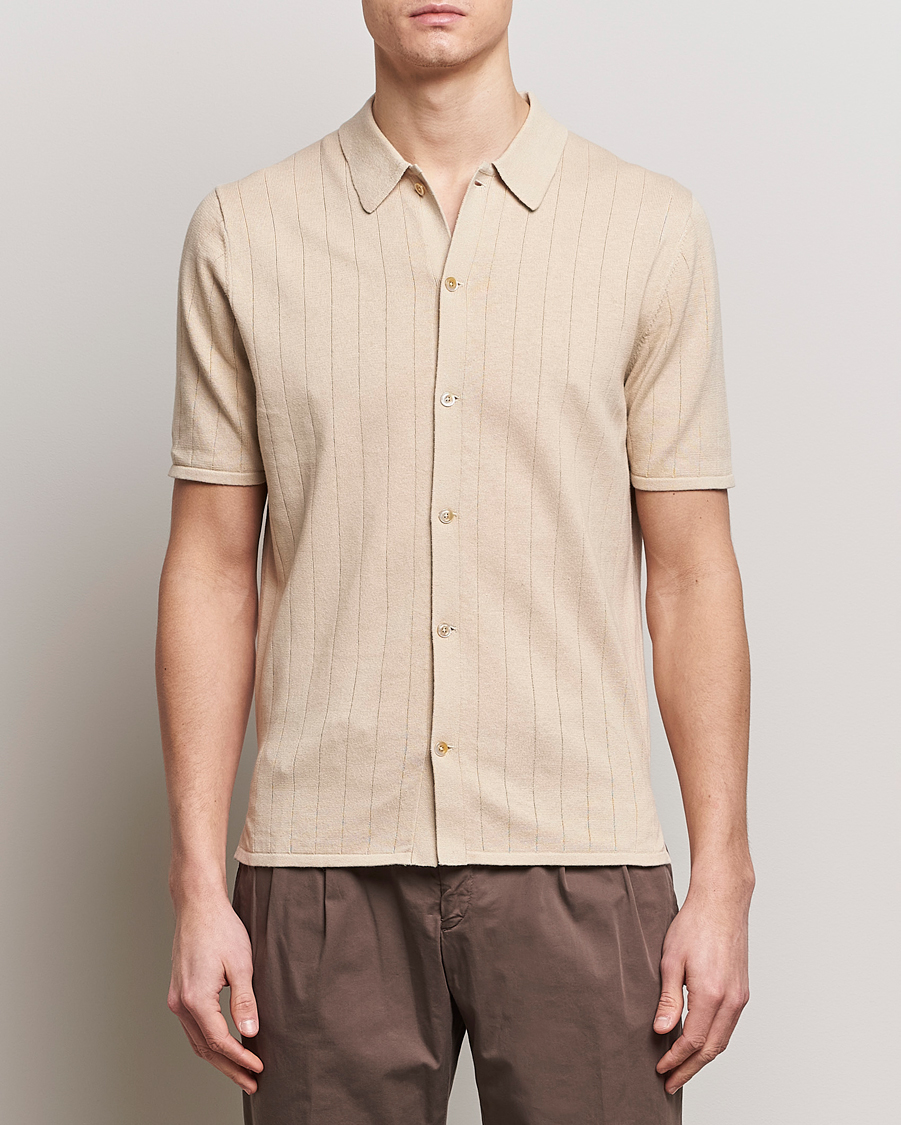 Heren | Polo's | Stenströms | Linen/Cotton Rib Knitted Buttonthru Shirt Beige