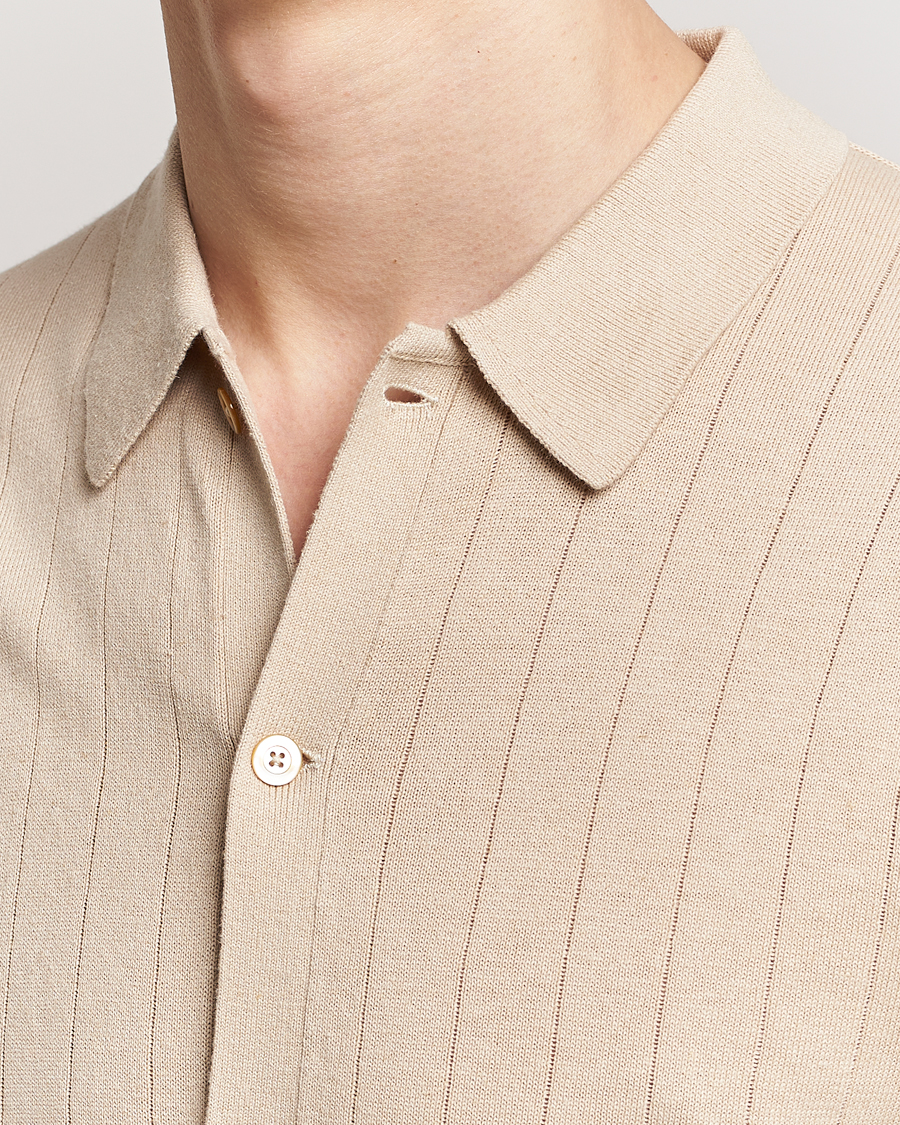 Heren | Polo's | Stenströms | Linen/Cotton Rib Knitted Buttonthru Shirt Beige