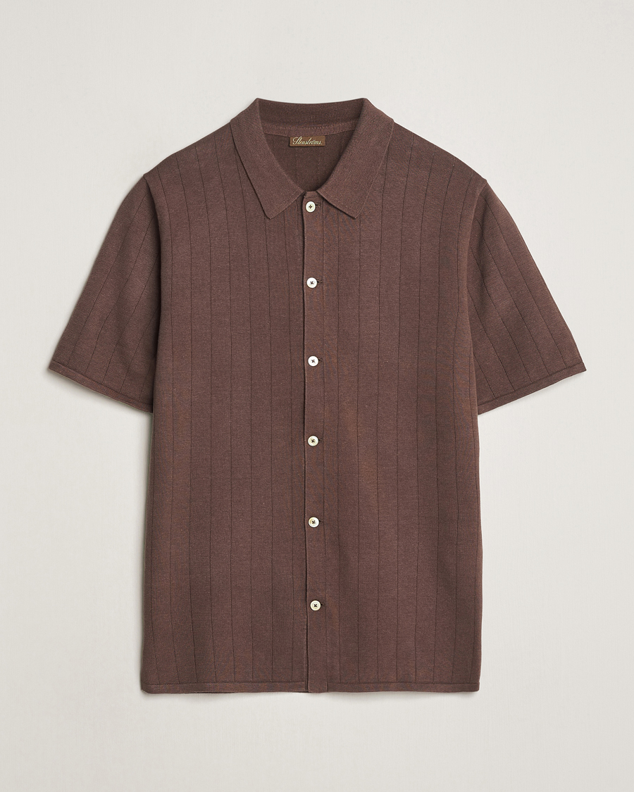 Heren | Polo's | Stenströms | Linen/Cotton Rib Knitted Buttonthru Shirt Brown