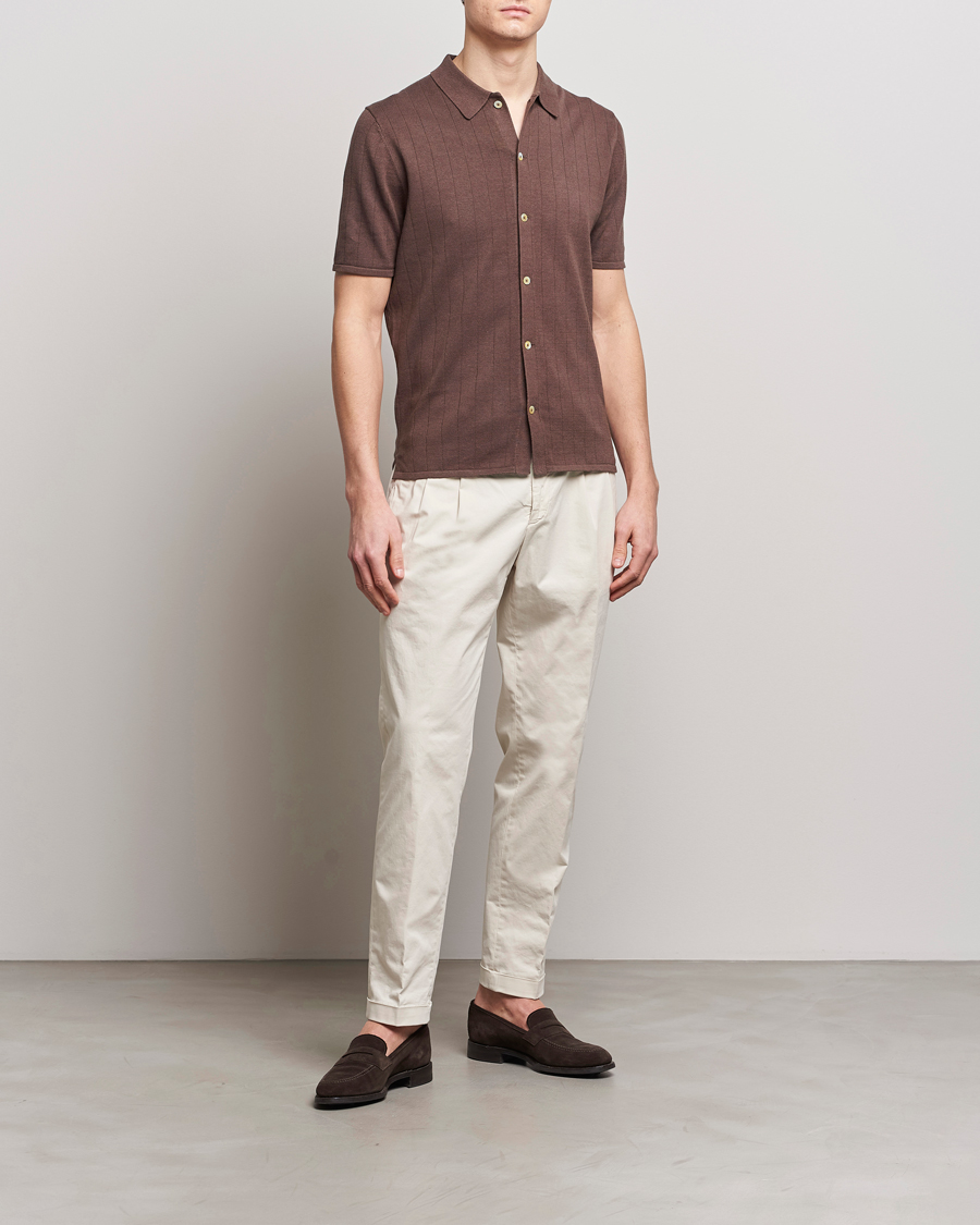 Heren | Polo's | Stenströms | Linen/Cotton Rib Knitted Buttonthru Shirt Brown