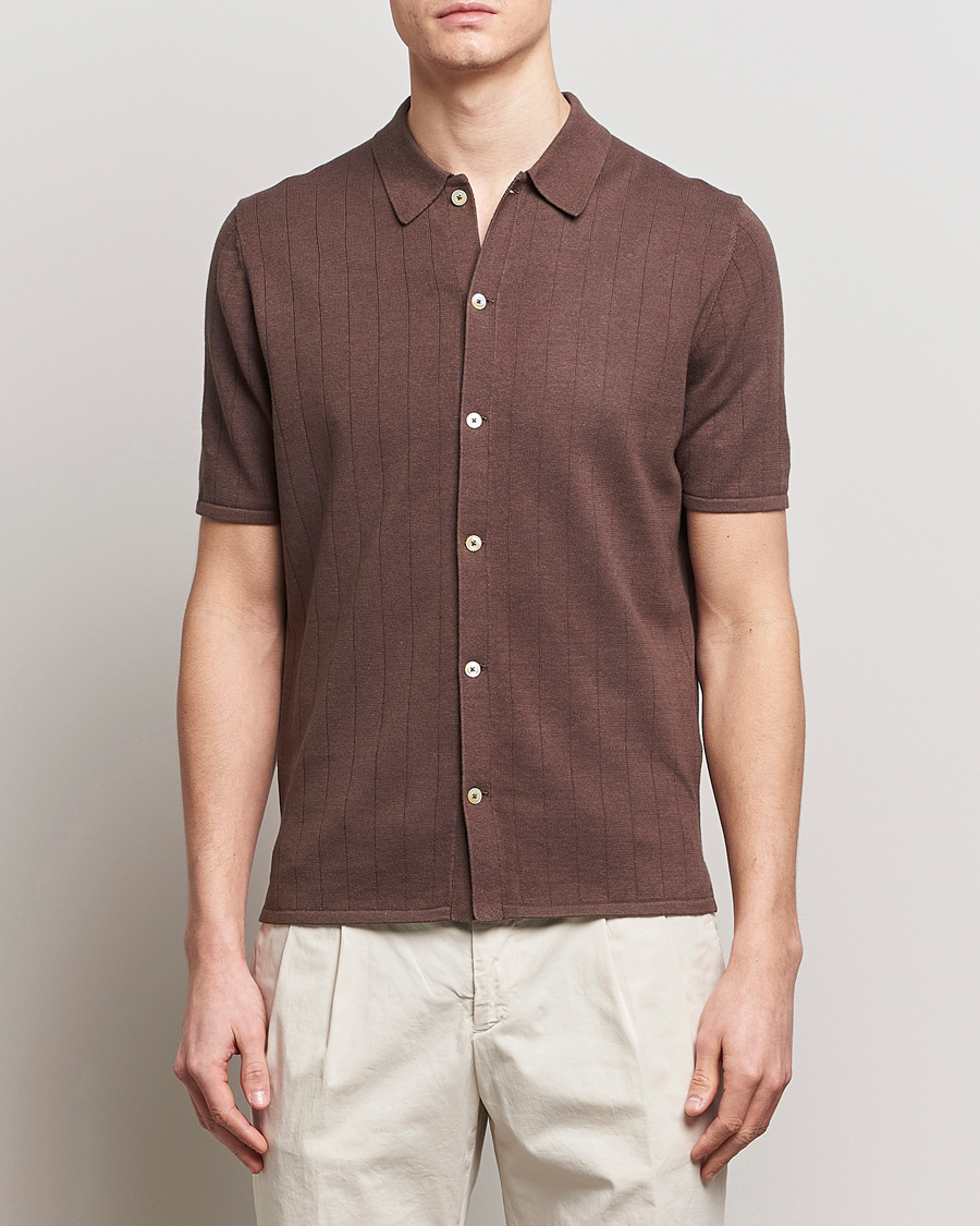 Heren | Polo's | Stenströms | Linen/Cotton Rib Knitted Buttonthru Shirt Brown