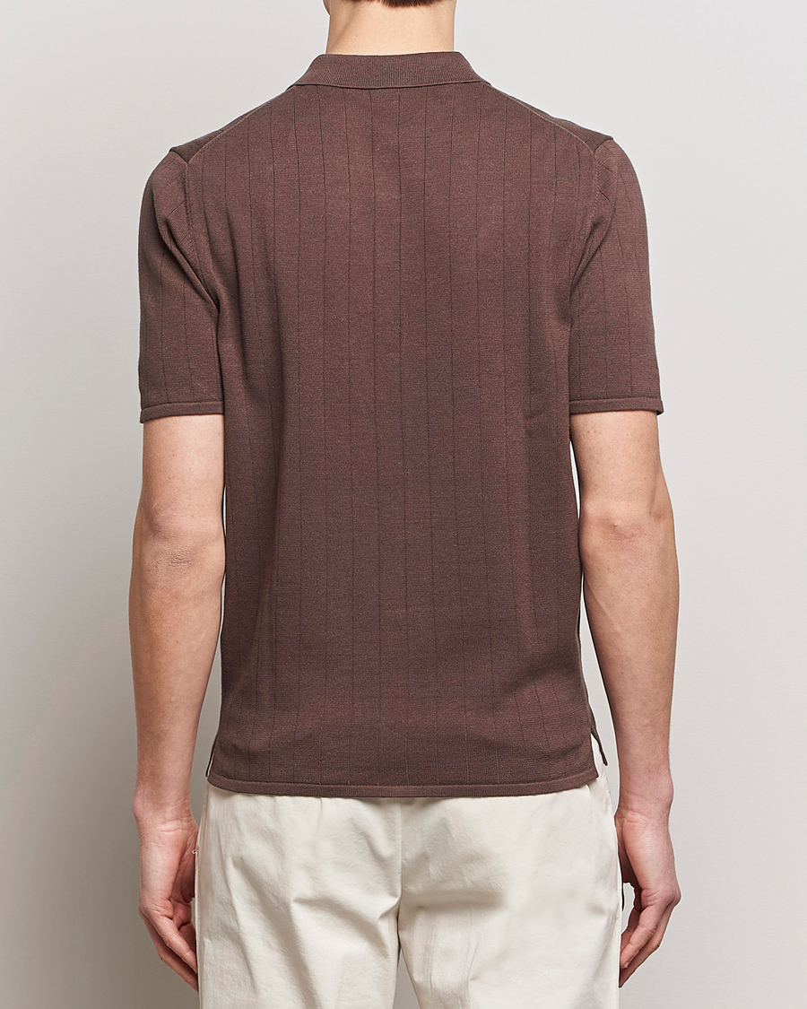 Heren | Polo's | Stenströms | Linen/Cotton Rib Knitted Buttonthru Shirt Brown