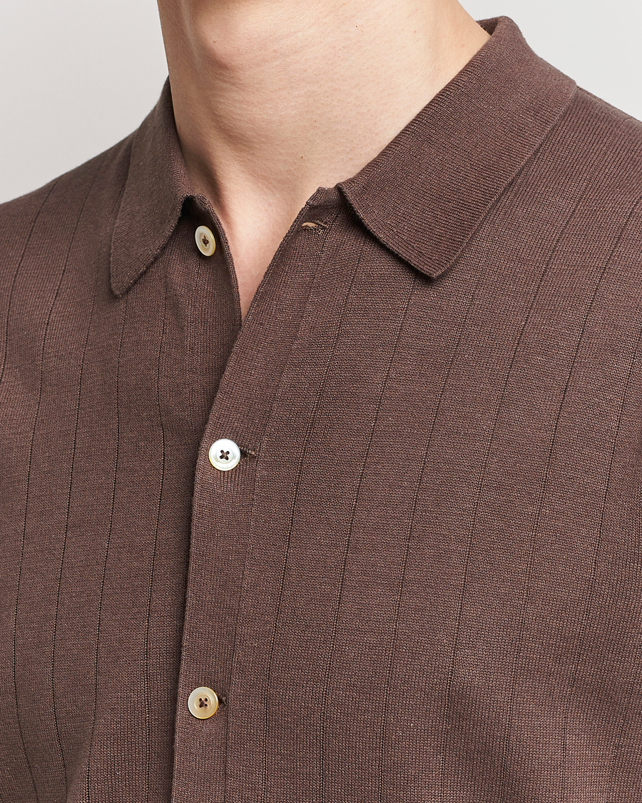 Heren | Polo's | Stenströms | Linen/Cotton Rib Knitted Buttonthru Shirt Brown