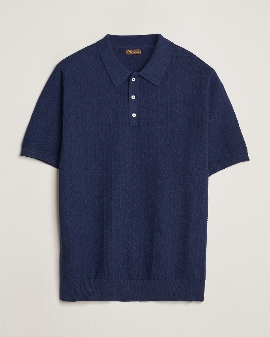 Heren | Polo's | Stenströms | Linen/Cotton Crochet Knitted Polo Shirt Navy