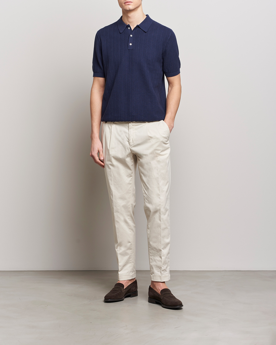Heren | Polo's | Stenströms | Linen/Cotton Crochet Knitted Polo Shirt Navy