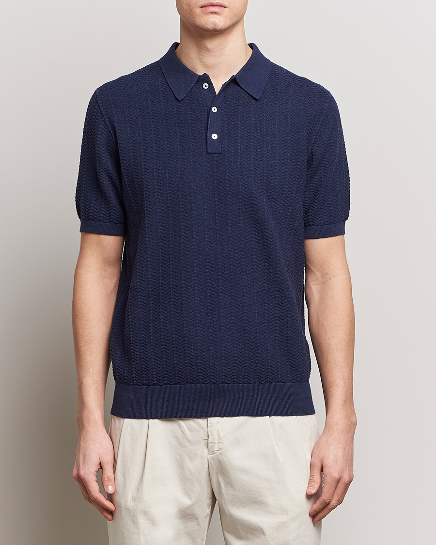 Heren | Polo's | Stenströms | Linen/Cotton Crochet Knitted Polo Shirt Navy