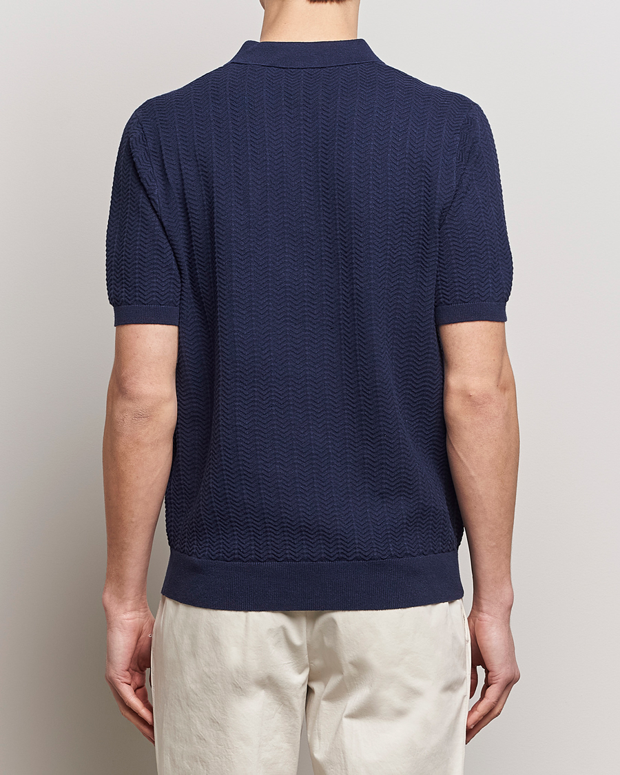 Heren | Polo's | Stenströms | Linen/Cotton Crochet Knitted Polo Shirt Navy