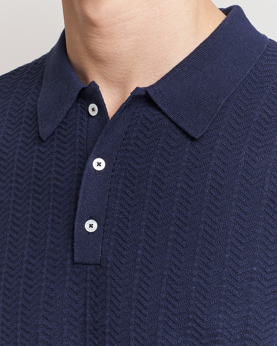 Heren | Polo's | Stenströms | Linen/Cotton Crochet Knitted Polo Shirt Navy