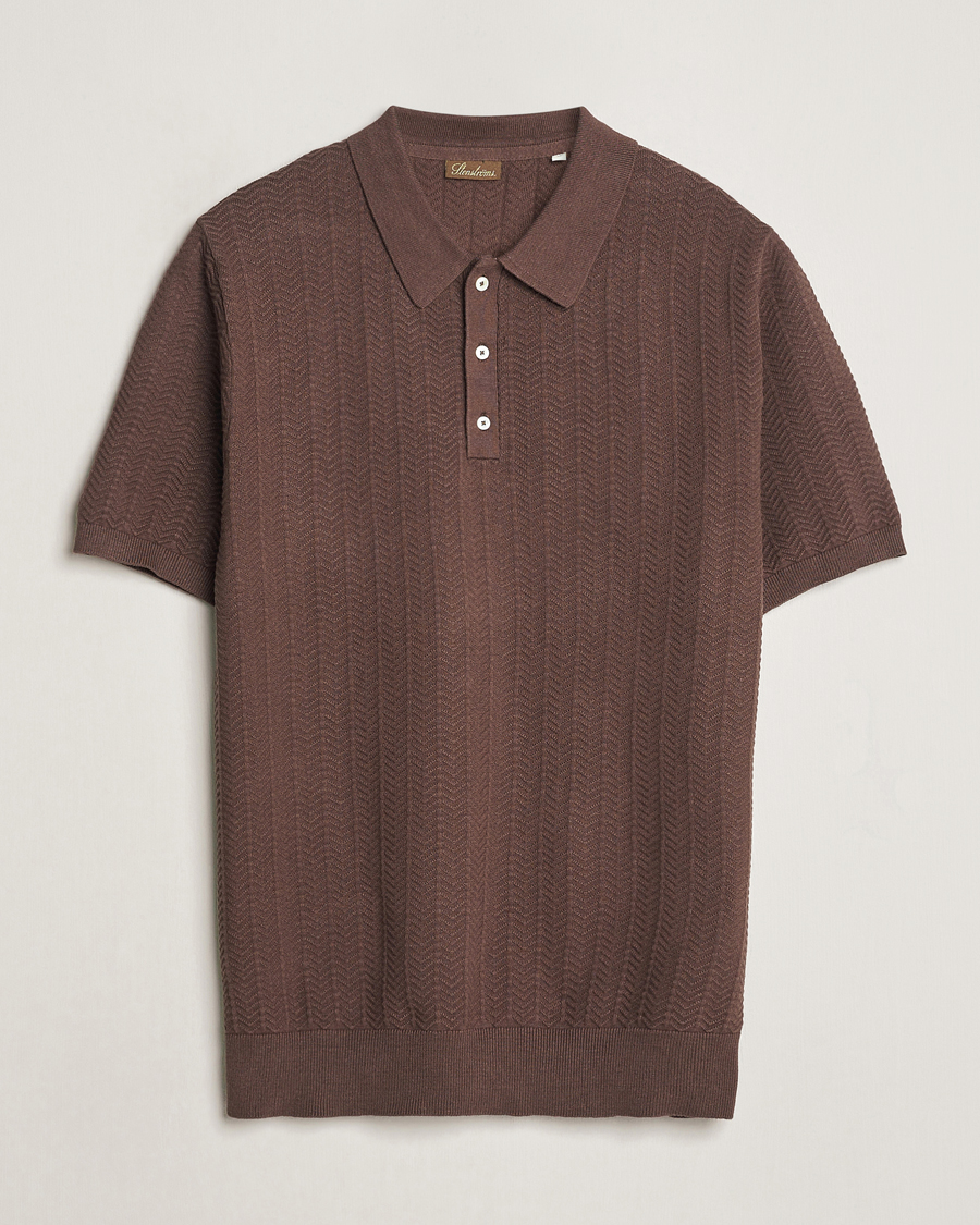 Heren | Polo's | Stenströms | Linen/Cotton Crochet Knitted Polo Shirt Brown