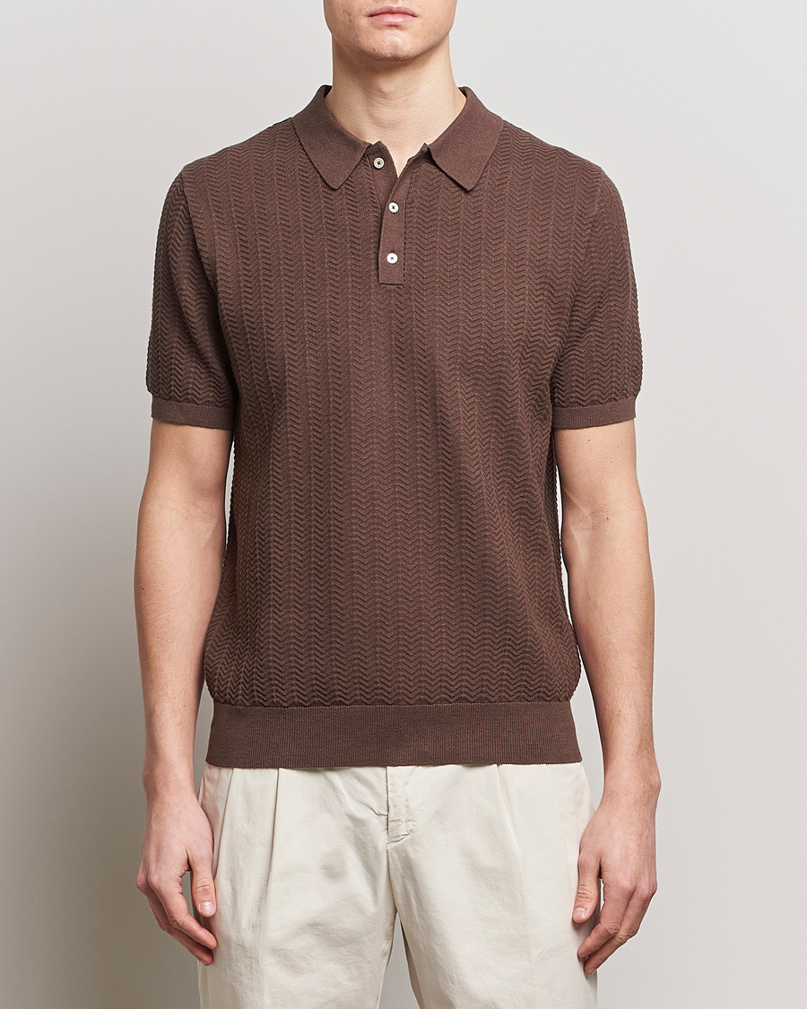 Heren | Polo's | Stenströms | Linen/Cotton Crochet Knitted Polo Shirt Brown