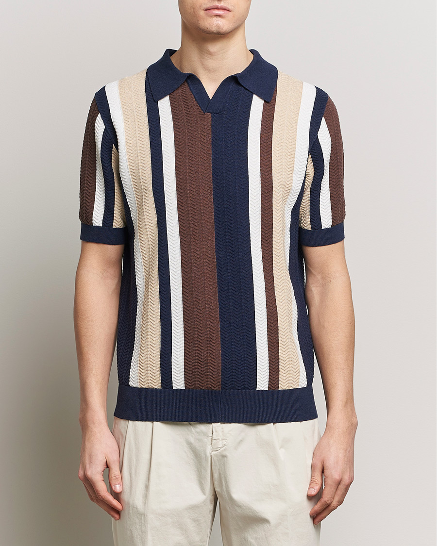 Heren | Polo's | Stenströms | Linen/Cotton Striped Crochet Knitted Polo Multi