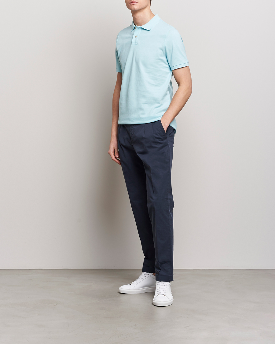 Heren | Polo's | Stenströms | Organic Cotton Piquet Polo Shirt Aqua Blue
