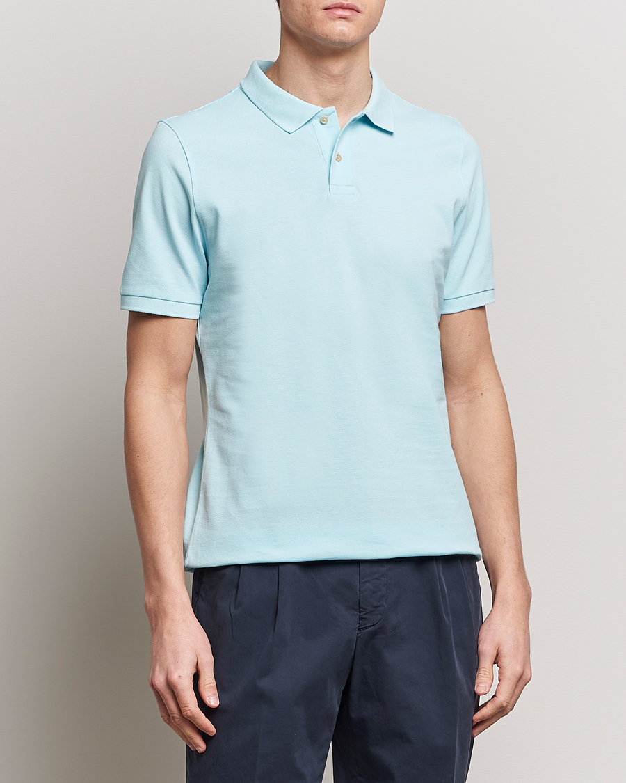 Heren | Polo's | Stenströms | Organic Cotton Piquet Polo Shirt Aqua Blue