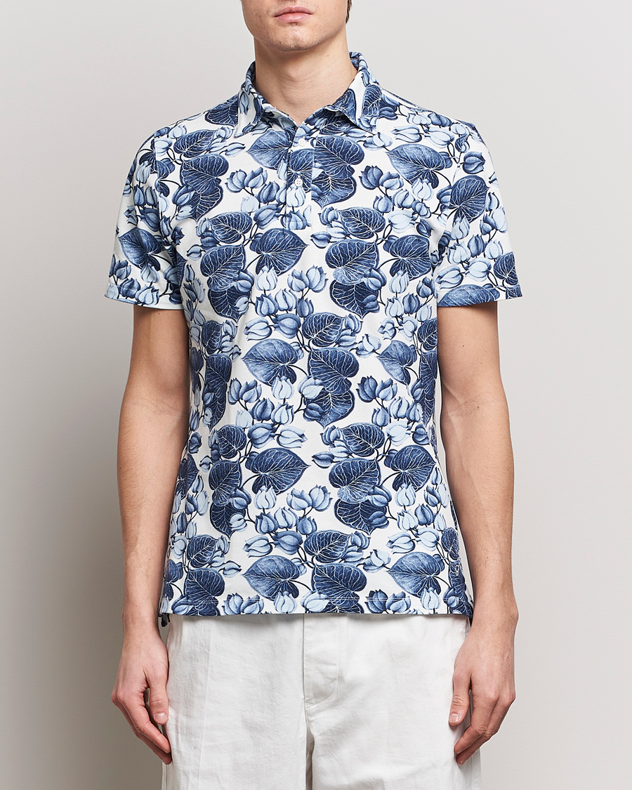 Heren |  | Stenströms | Cotton Pique Printed Polo Shirt Blue