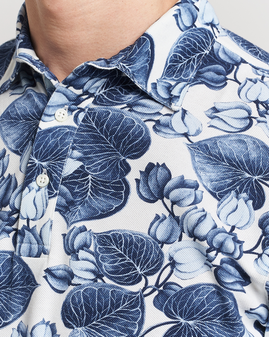 Heren | Polo's | Stenströms | Cotton Pique Printed Polo Shirt Blue