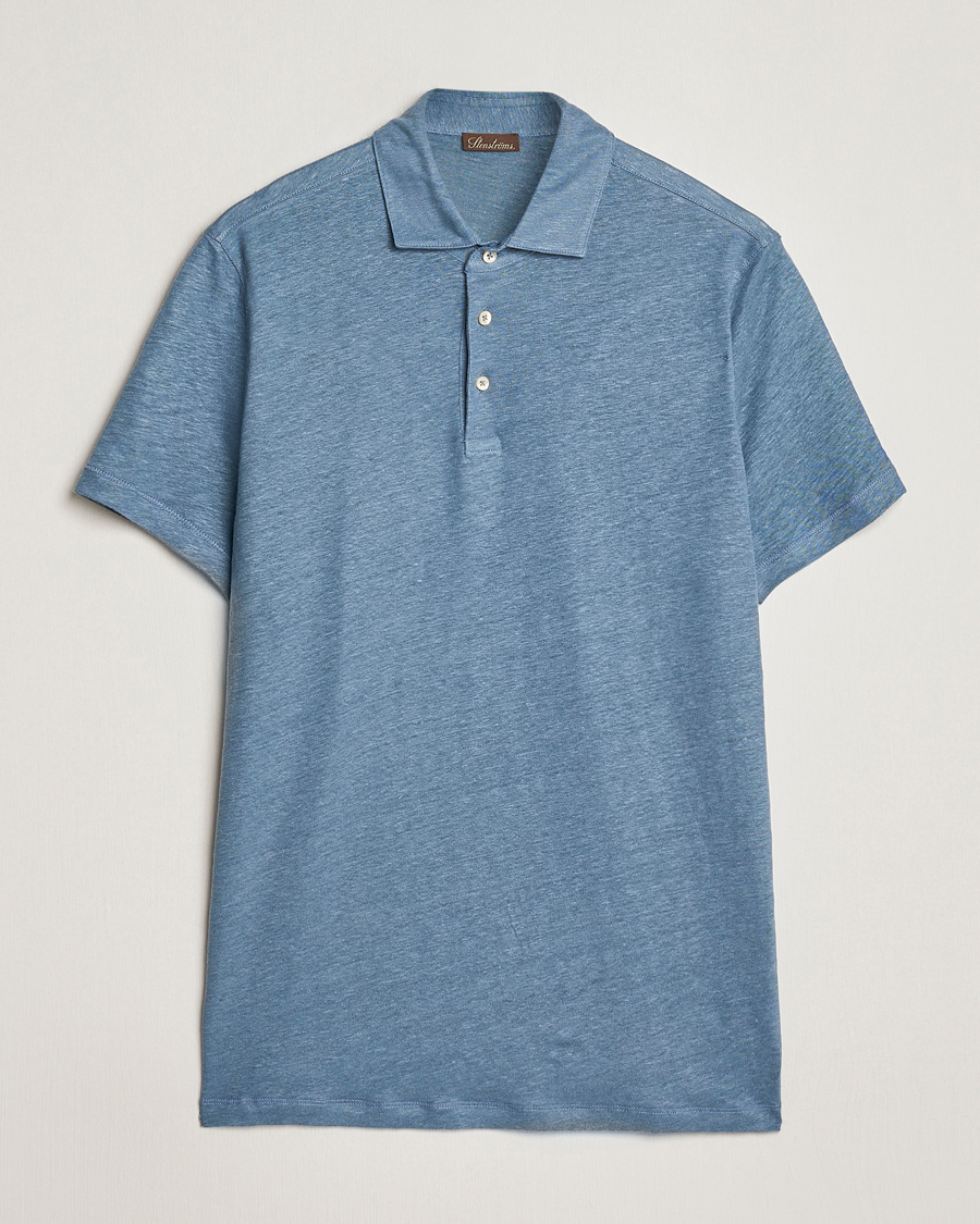 Heren | Polo's | Stenströms | Linen Polo Shirt Steel Blue