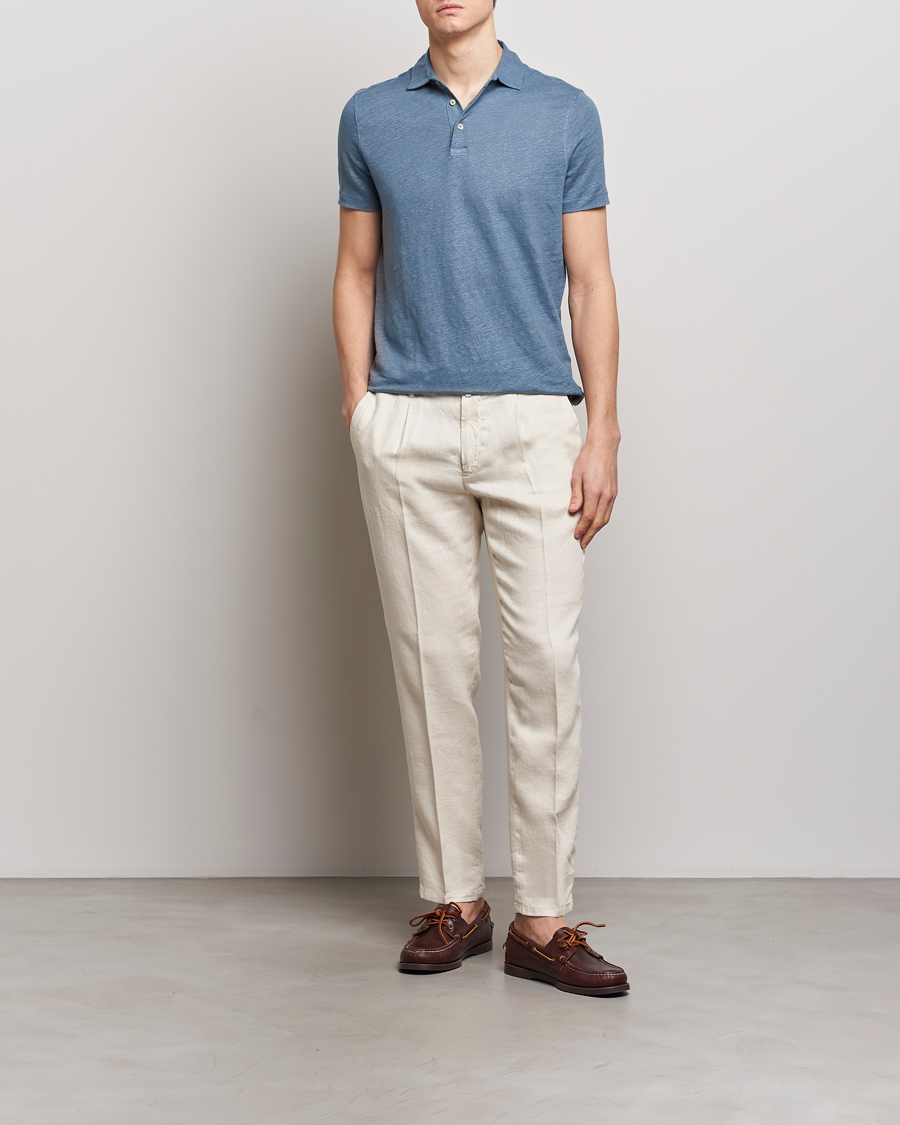 Heren | Polo's | Stenströms | Linen Polo Shirt Steel Blue