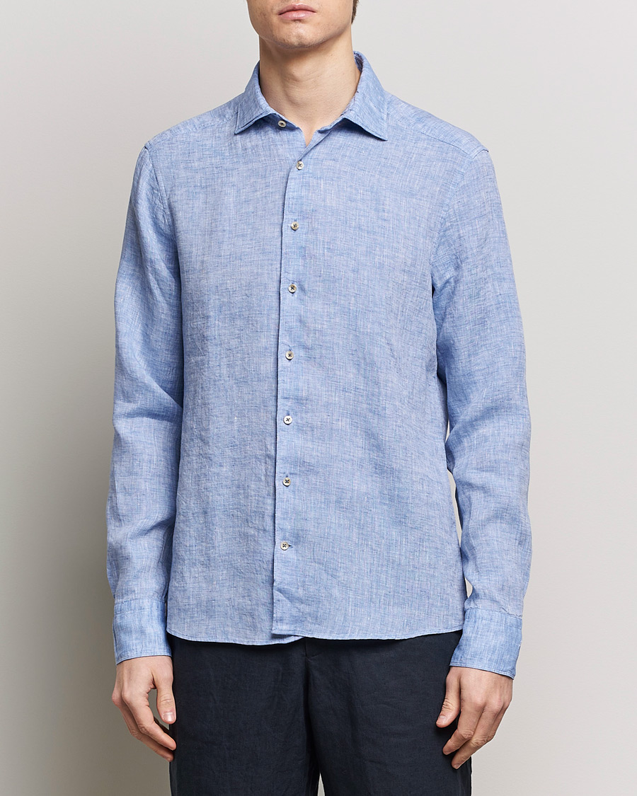 Heren | Casual | Stenströms | Slimline Cut Away Linen Shirt Blue