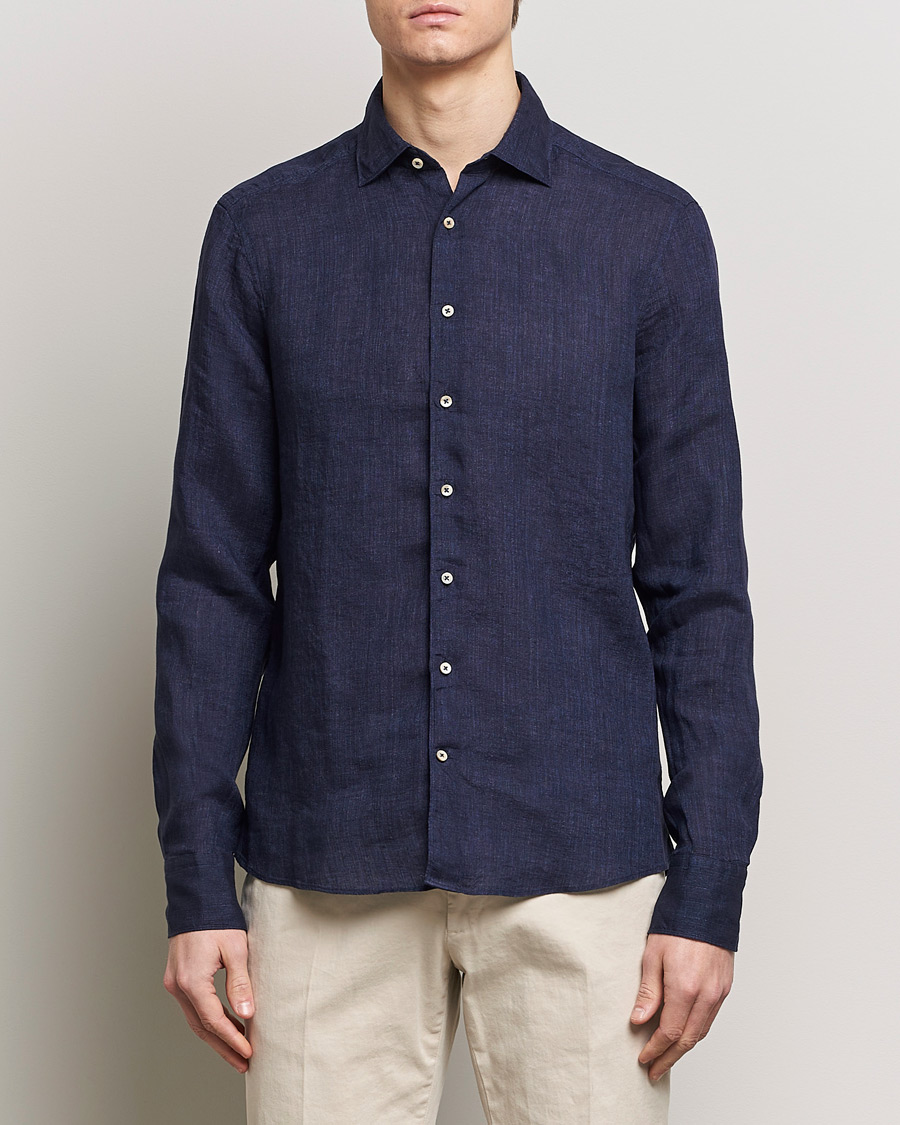 Men | Business Casual | Stenströms | Slimline Cut Away Linen Shirt Navy