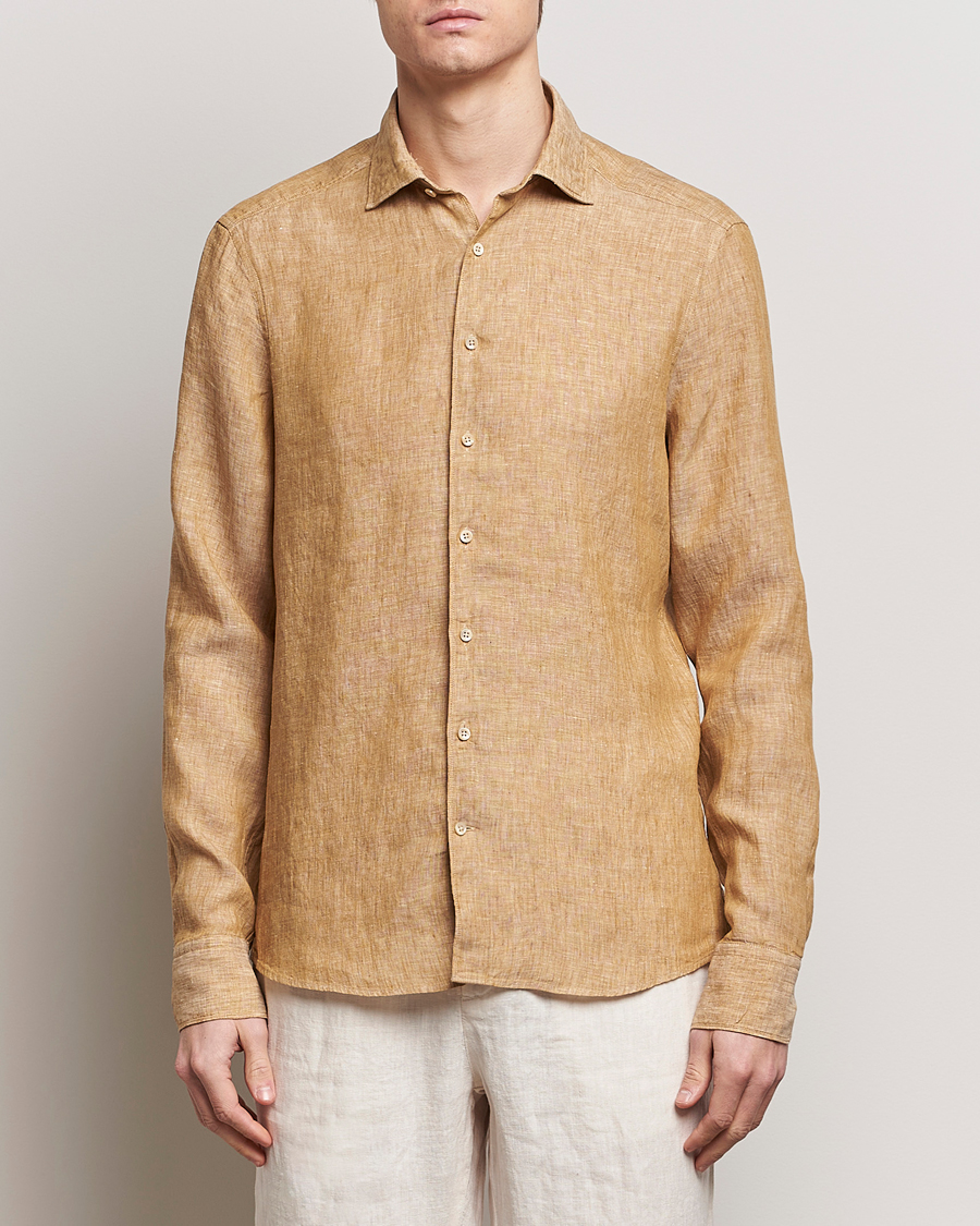 Heren | Linnen overhemden | Stenströms | Slimline Cut Away Linen Shirt Brown