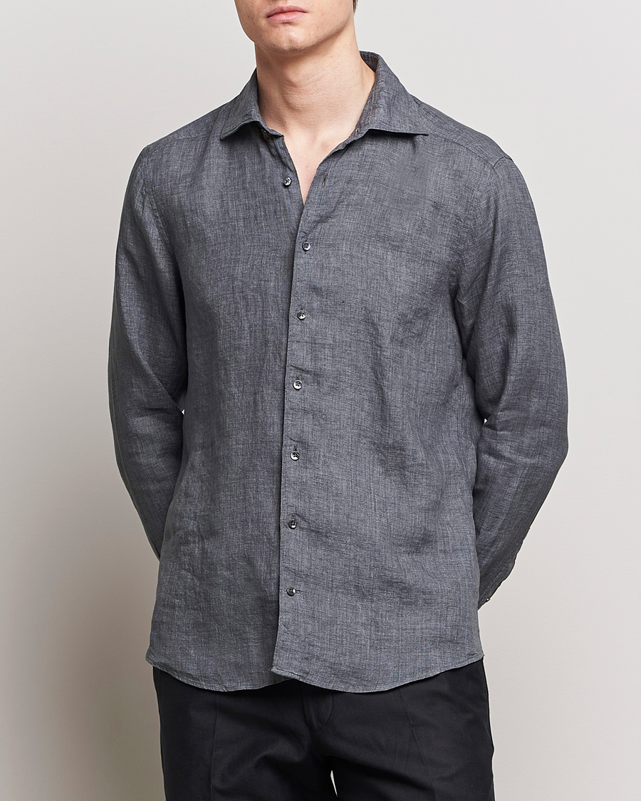 Heren | Casual | Stenströms | Slimline Cut Away Linen Shirt Dark Grey