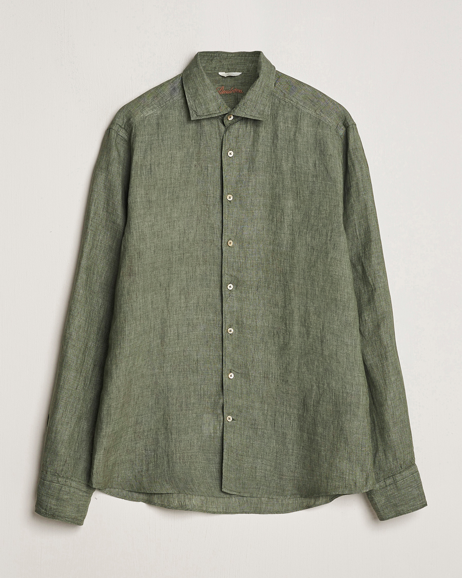 Heren | Overhemden | Stenströms | Slimline Cut Away Linen Shirt Olive