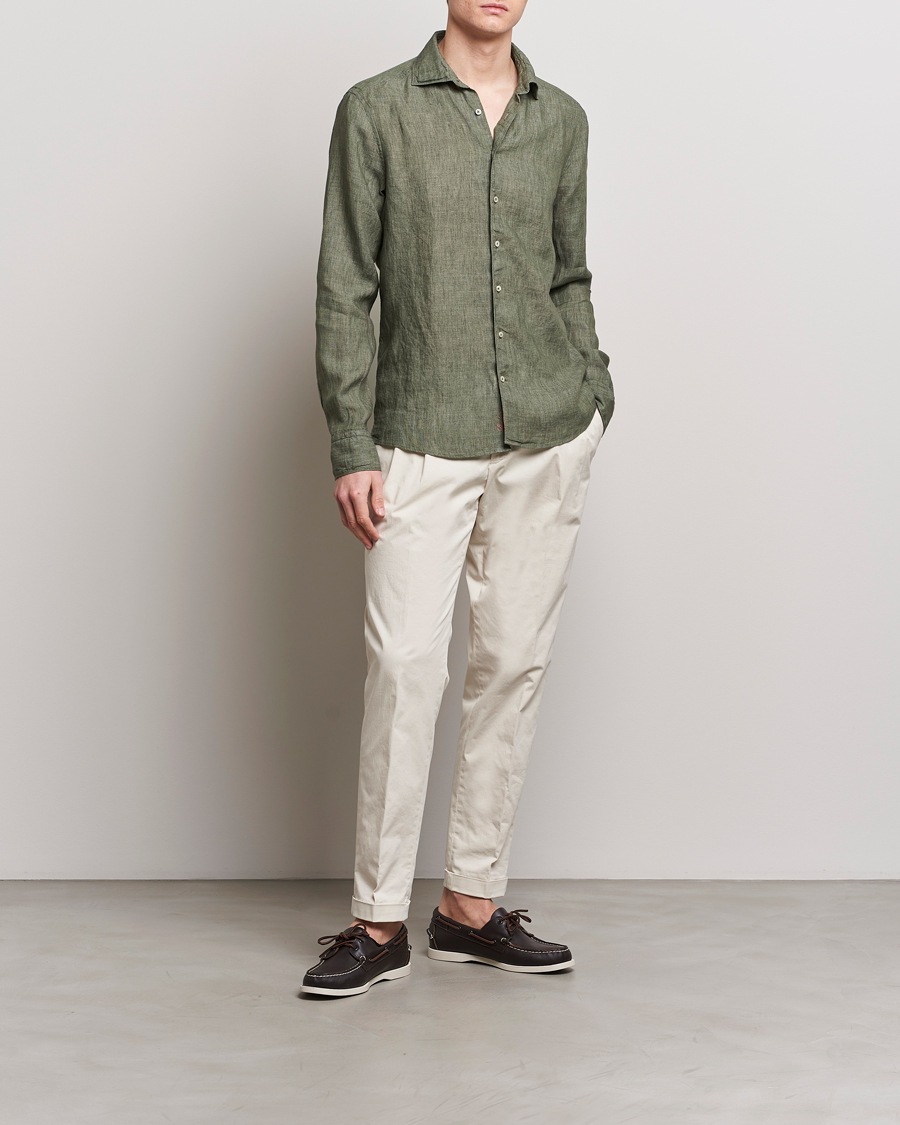 Heren | Overhemden | Stenströms | Slimline Cut Away Linen Shirt Olive