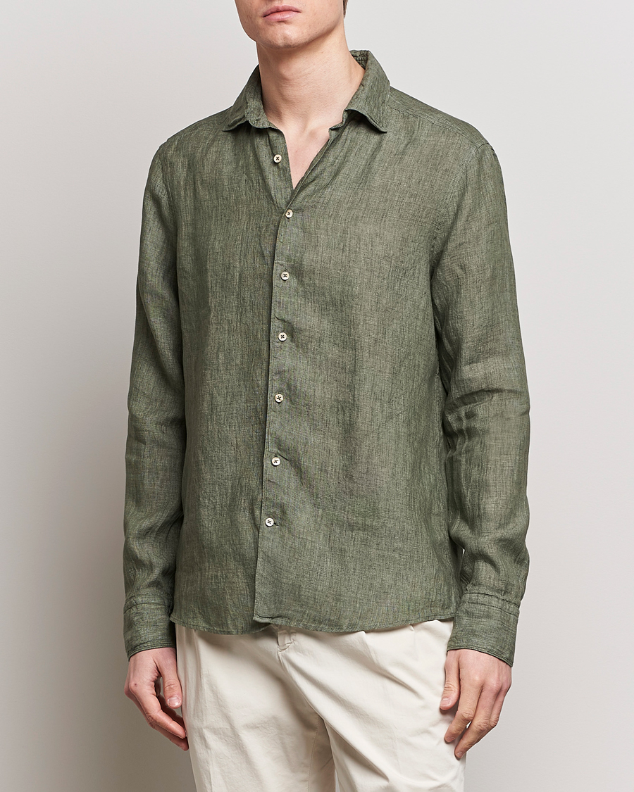 Heren | Linnen overhemden | Stenströms | Slimline Cut Away Linen Shirt Olive