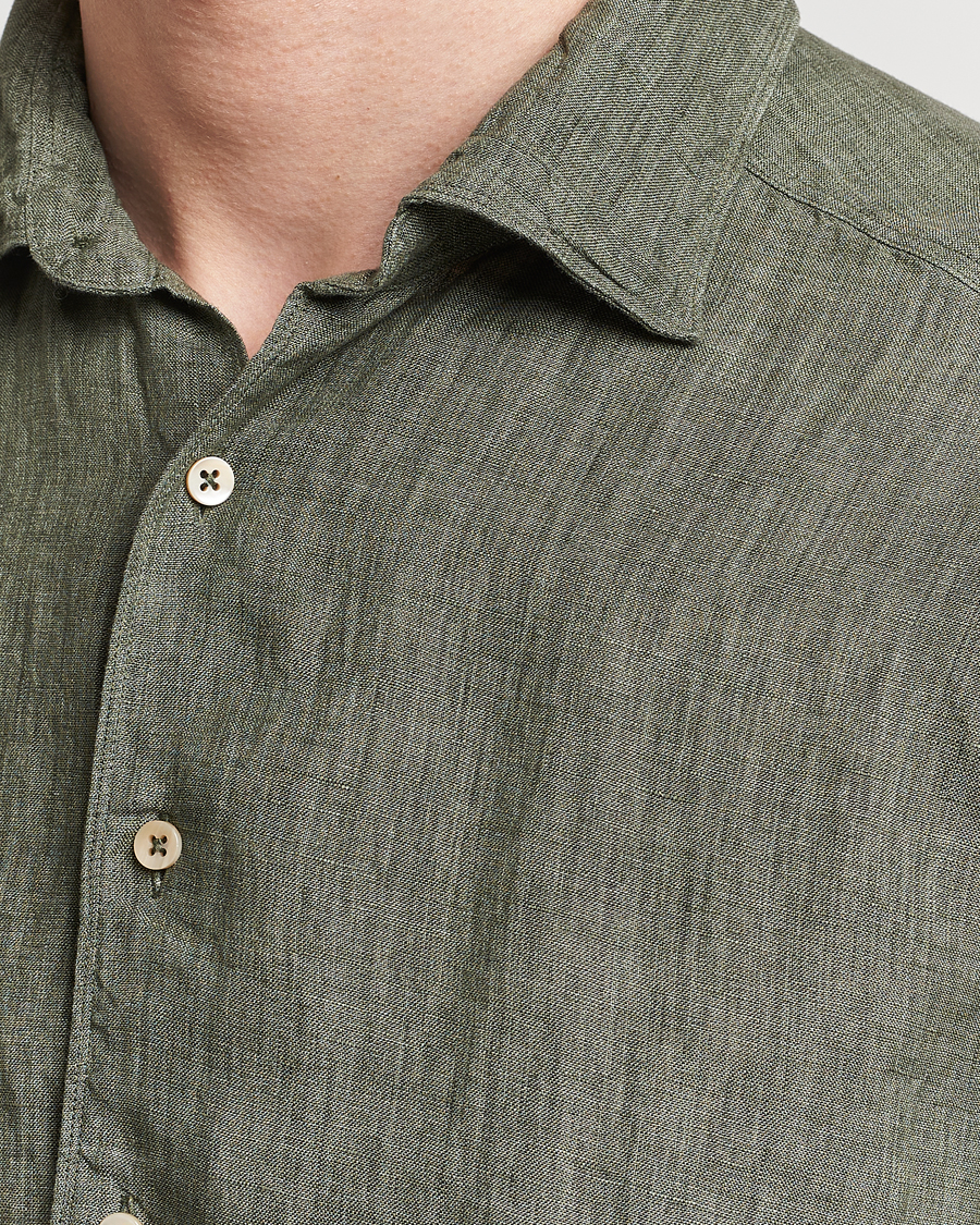 Heren | Overhemden | Stenströms | Slimline Cut Away Linen Shirt Olive