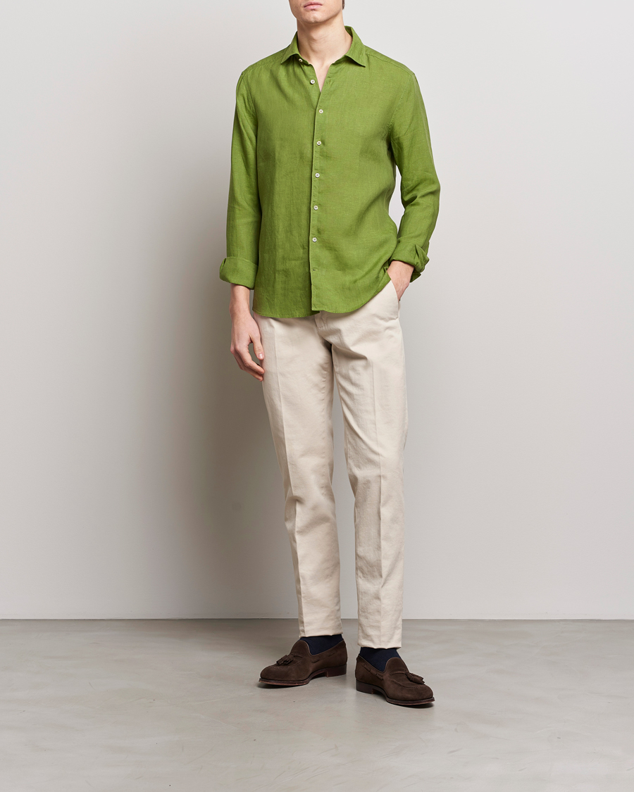 Heren | Overhemden | Stenströms | Slimline Cut Away Linen Shirt Green